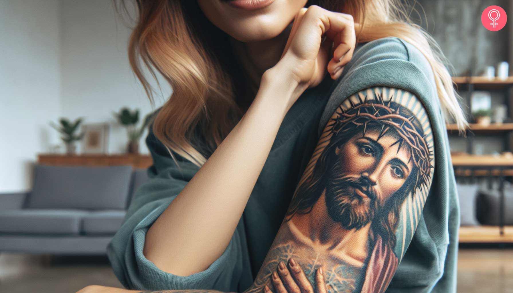 A woman with a Jesus with a Crown Of Thorns Tattoo On Arm