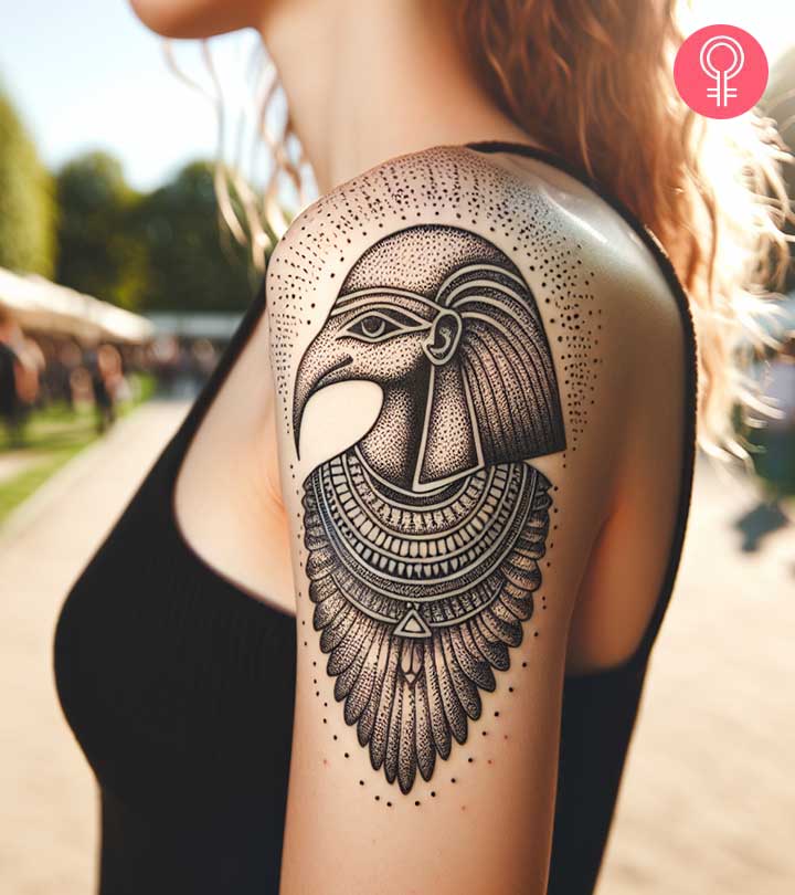 A woman with Thoth tattoo on her arm