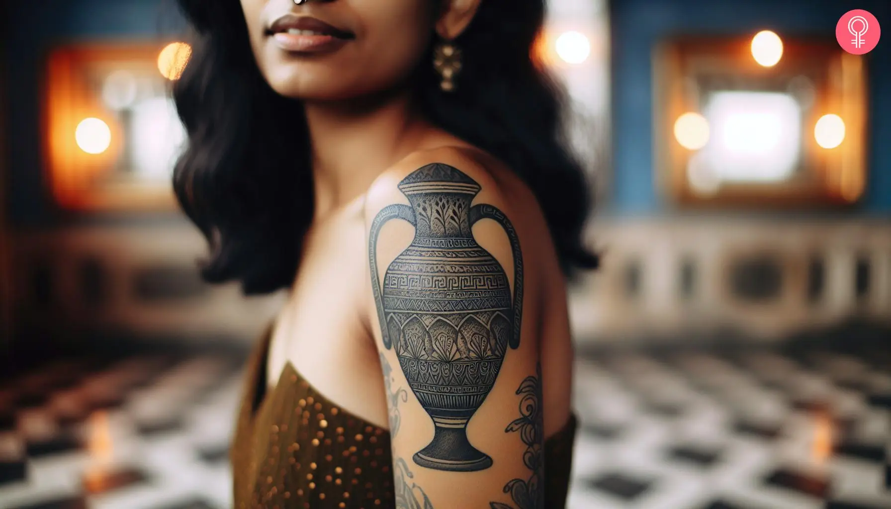 A woman with a Greek-style vase tattoo on her upper arm