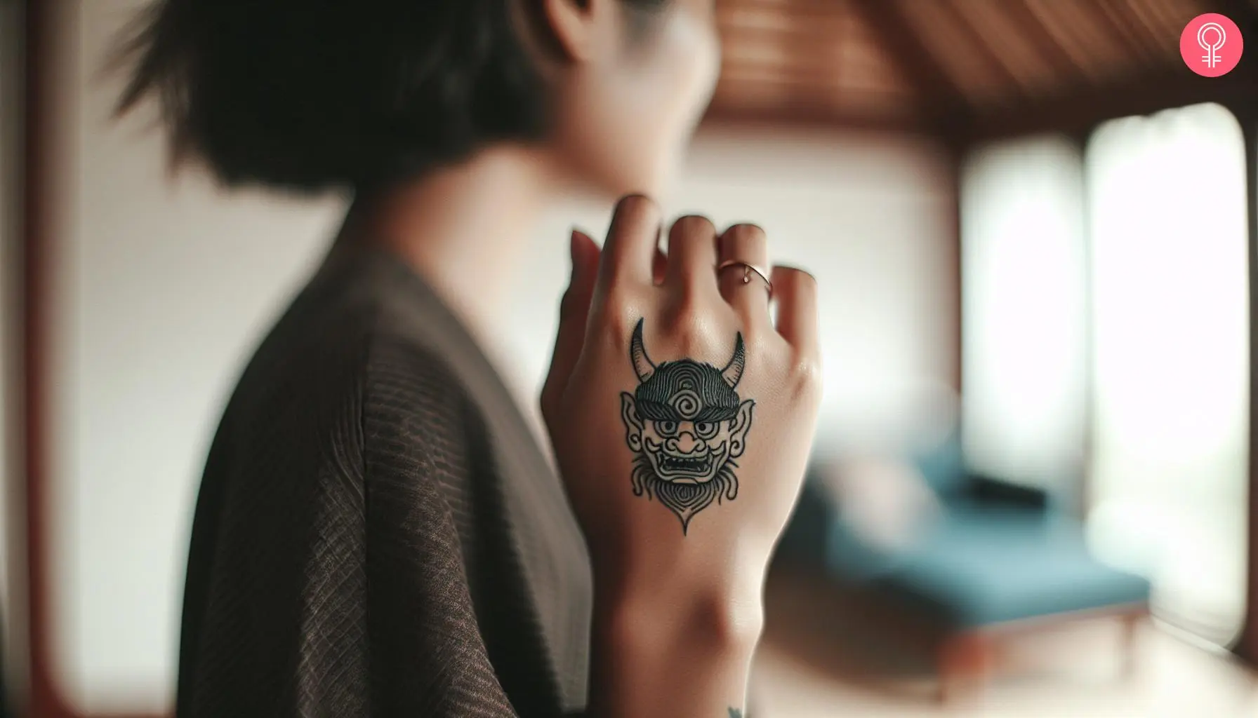 A woman with a Japanese oni monster tattoo on her hand