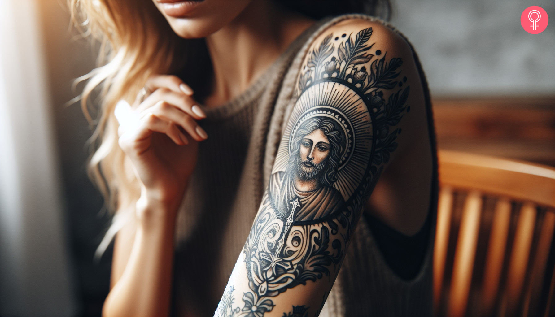 A woman with a Jesus Christ half-sleeve tattoo on her bicep