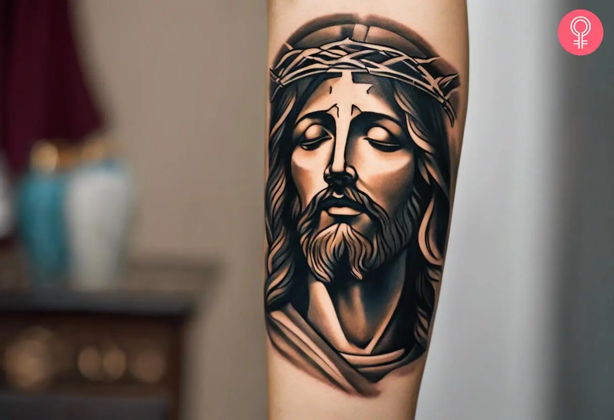 A woman with a Jesus Christ tattoo on her forearm