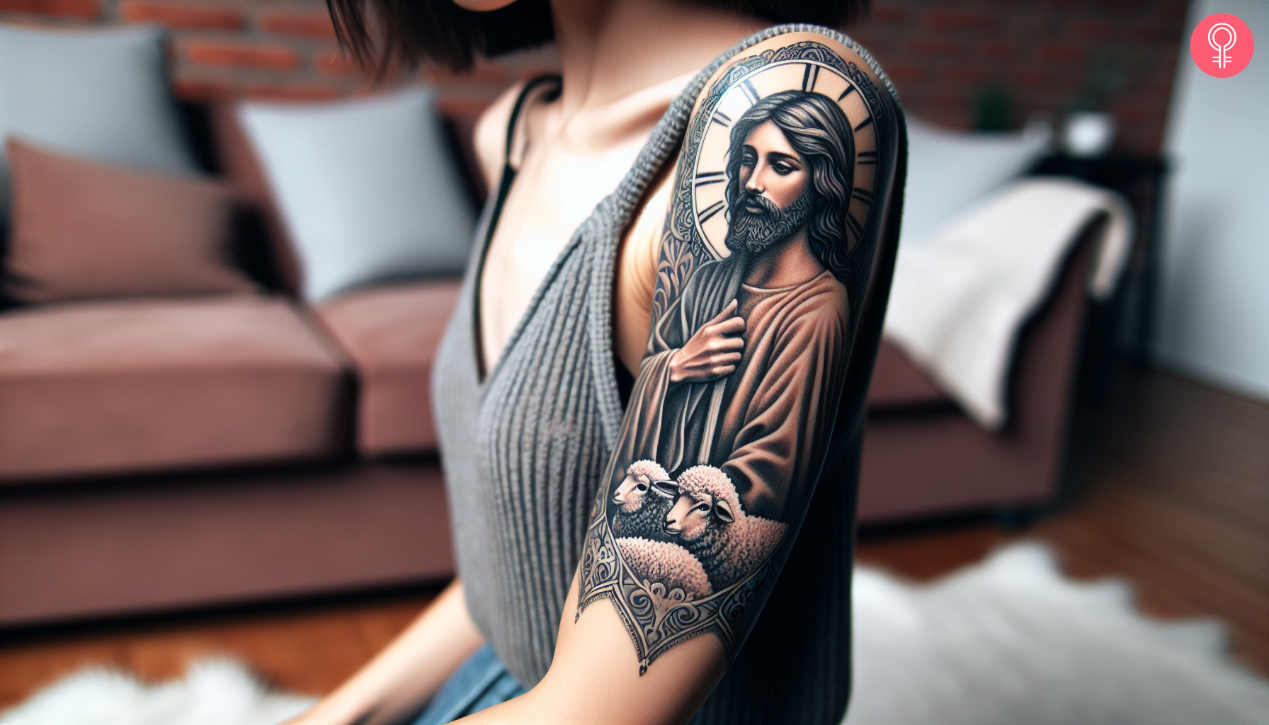 A woman with a Jesus as a Shepherd tattoo on her bicep