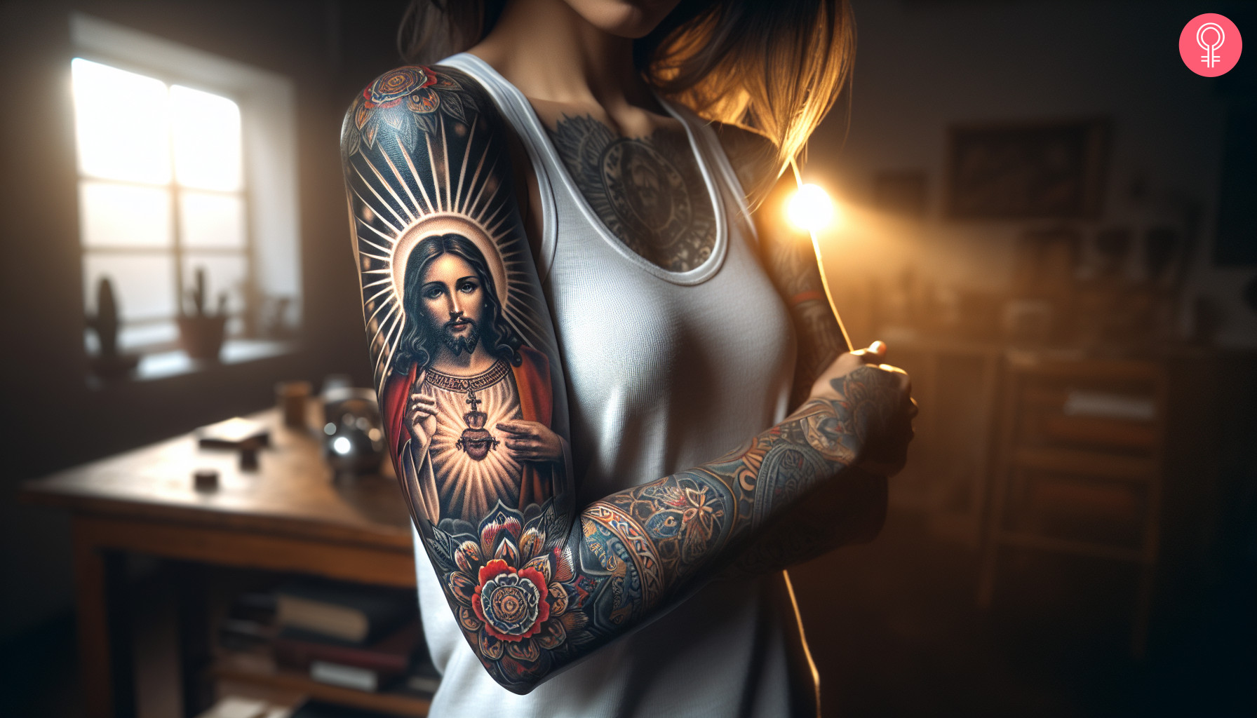 A woman with a Jesus sleeve tattoo on her arm