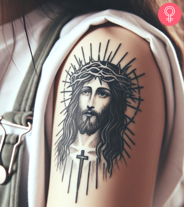 A woman with a Jesus tattoo on her arm