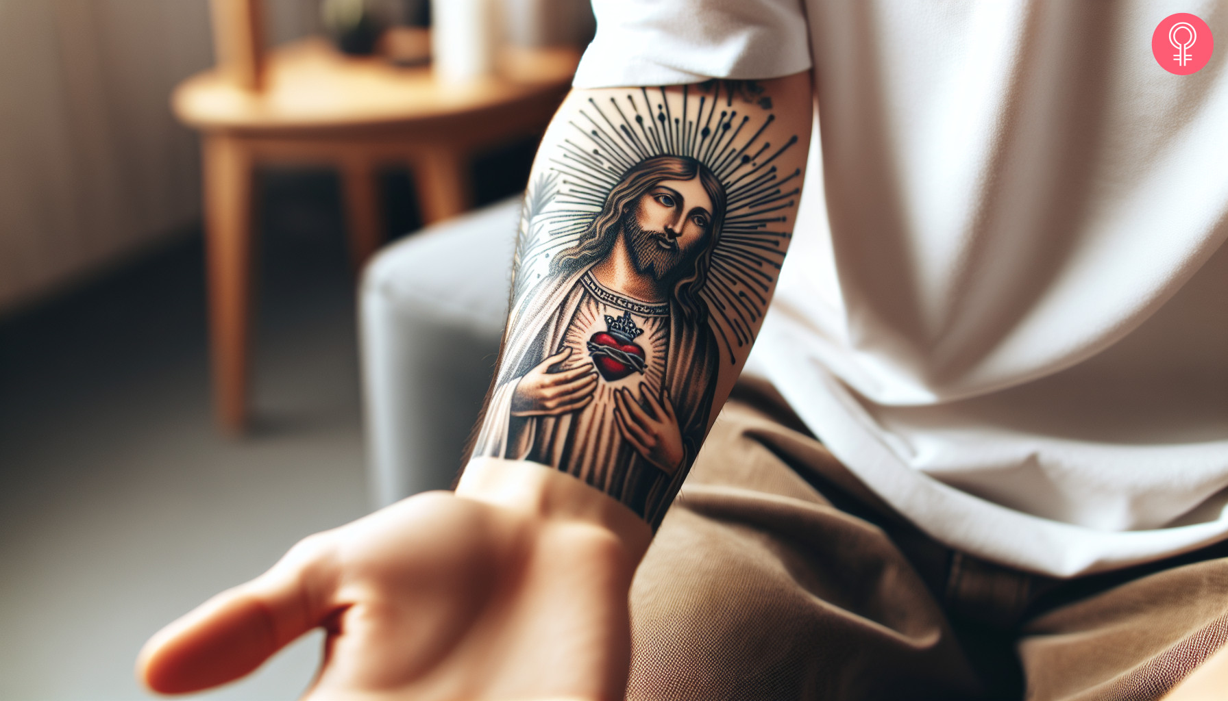 A woman with a Jesus with a sacred heart tattoo on her forearm