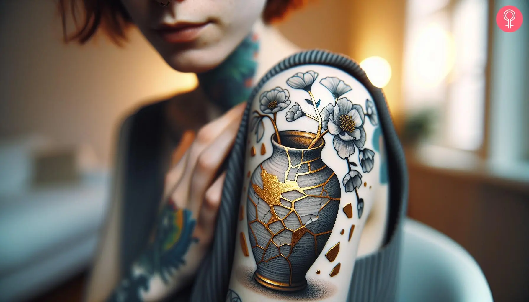 A woman with a Kintsugi vase tattoo on her upper arm