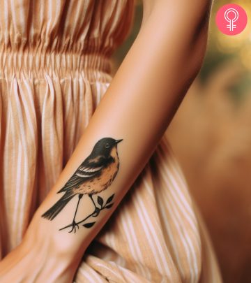 A woman with a black tribal bird tattoo on her upper arm