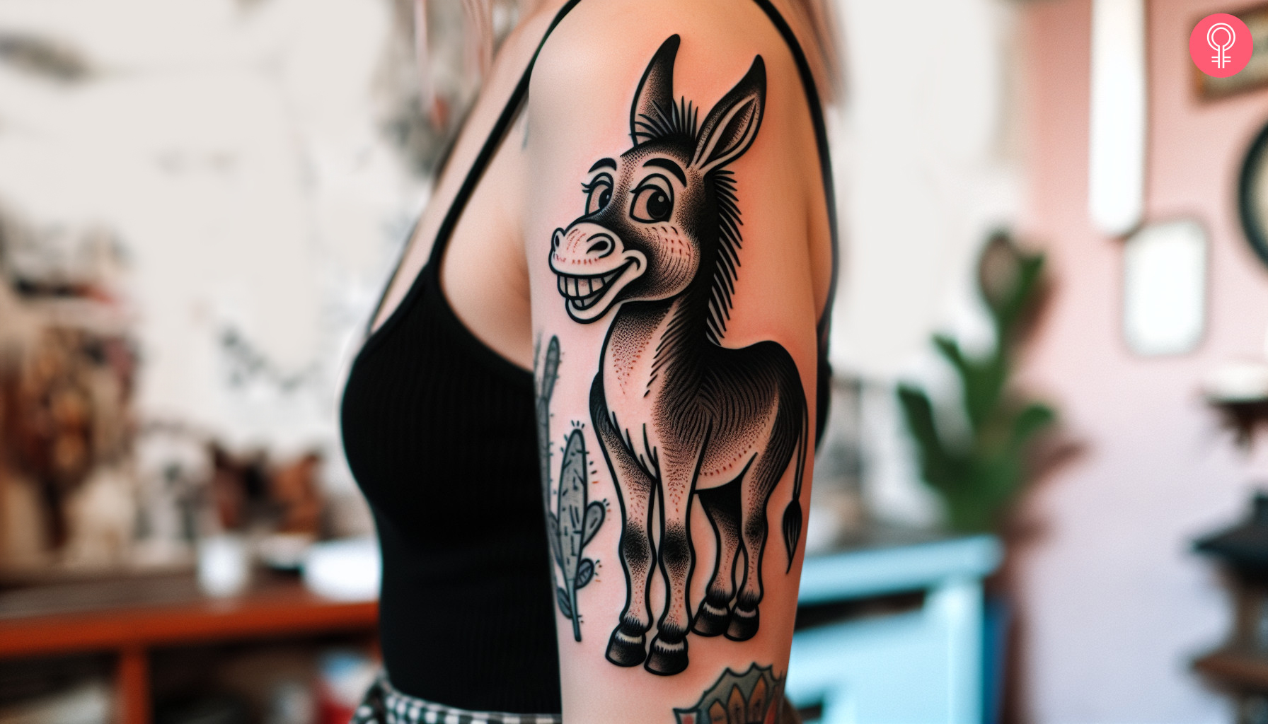 A woman with a Shrek donkey tattoo on her upper arm