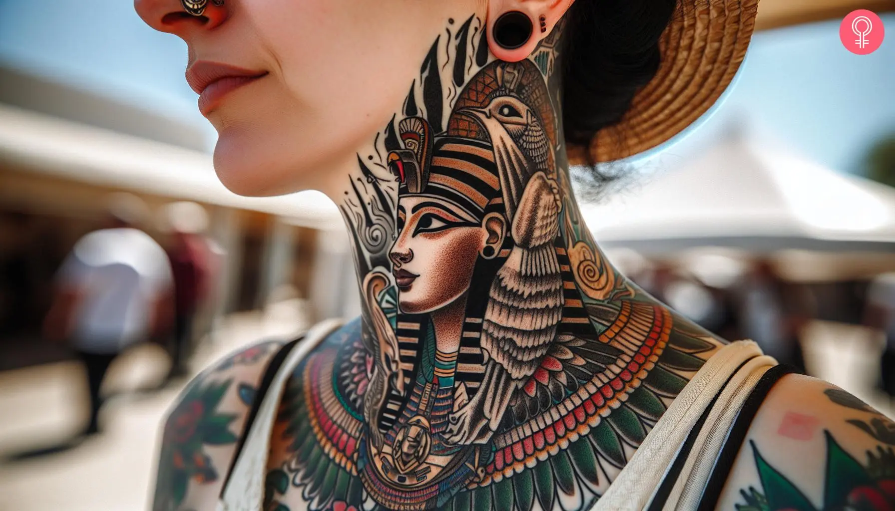 A woman with a Thoth and Seshat tattoo on her neck