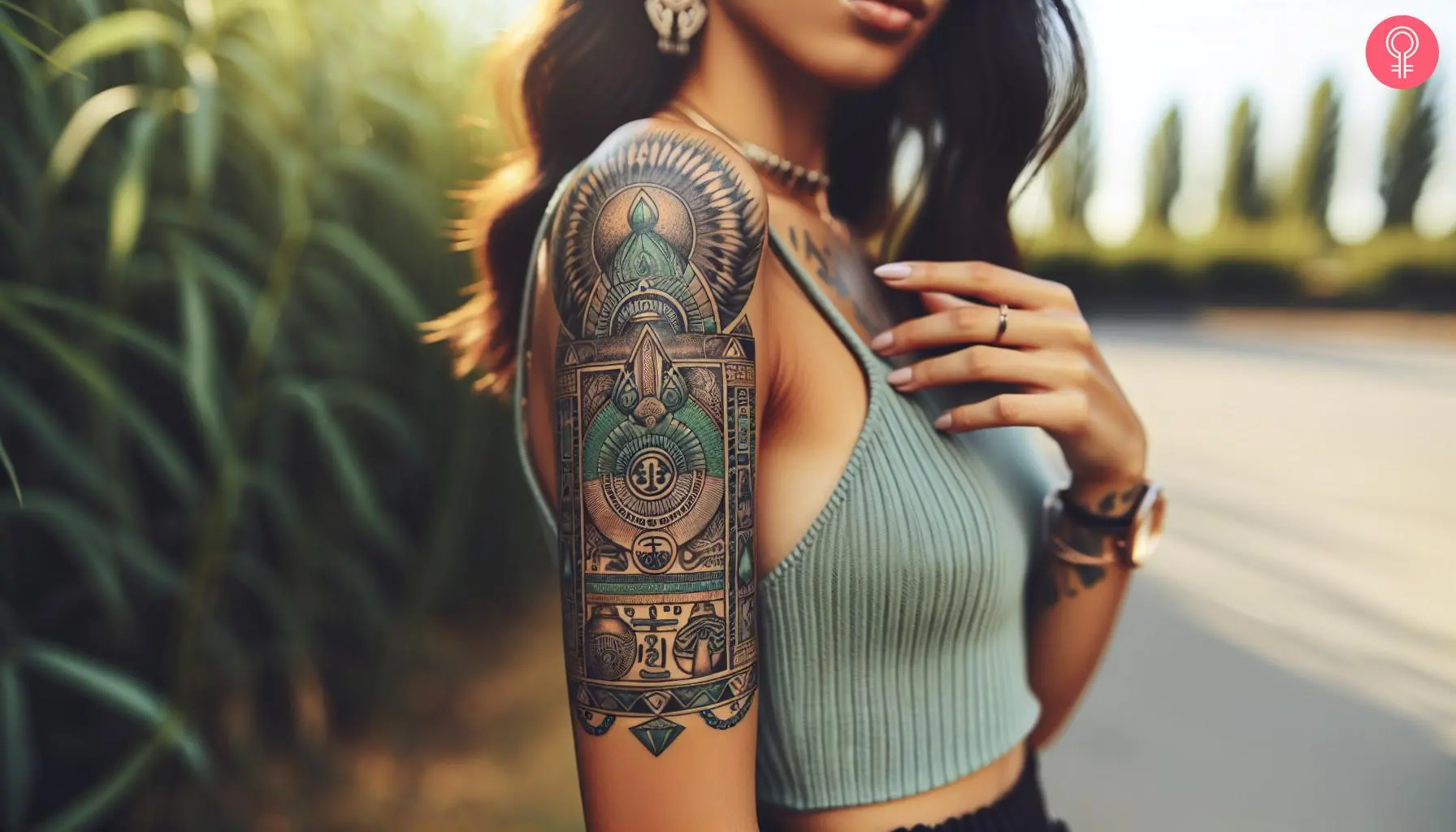 A woman with a Thoth emerald tablet tattoo on her upper arm