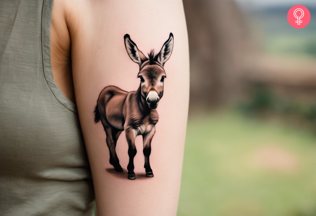 A woman with a baby donkey tattoo on her upper arm