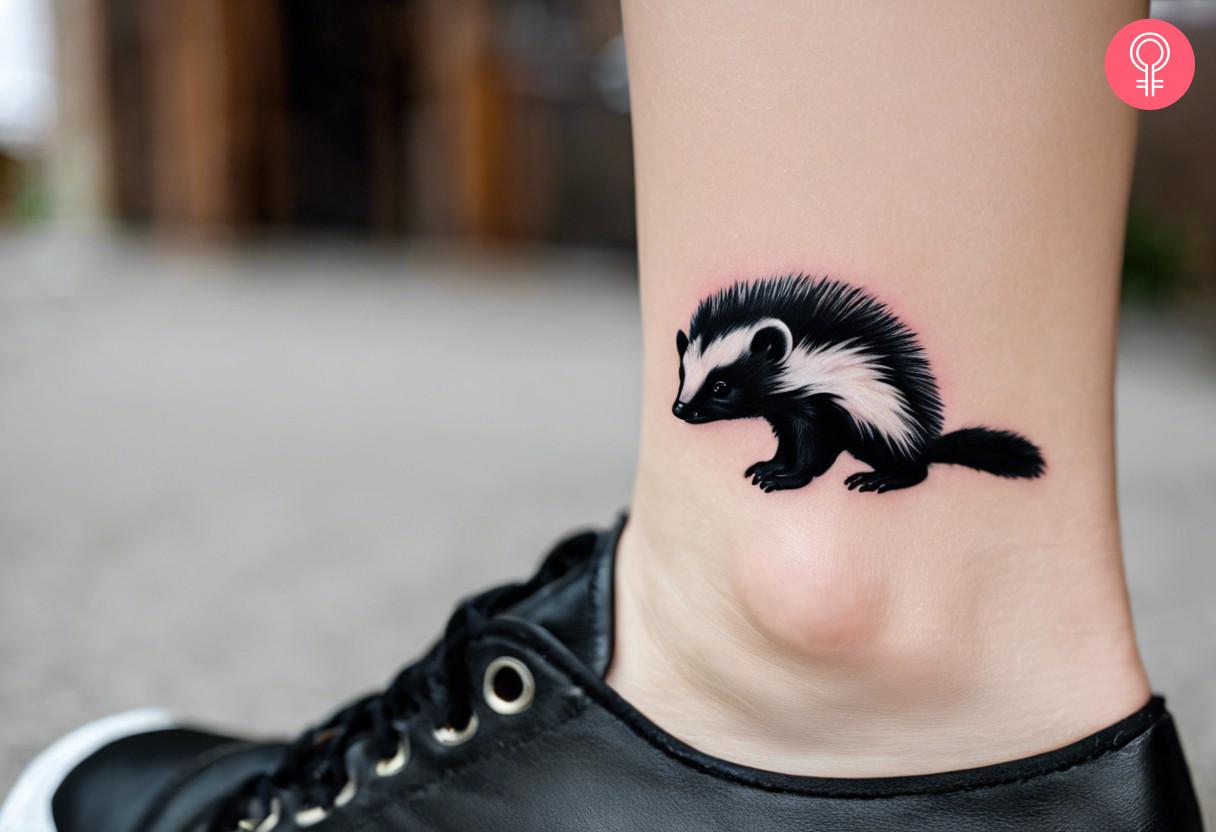 A woman with a tattoo of a baby skunk on her ankle