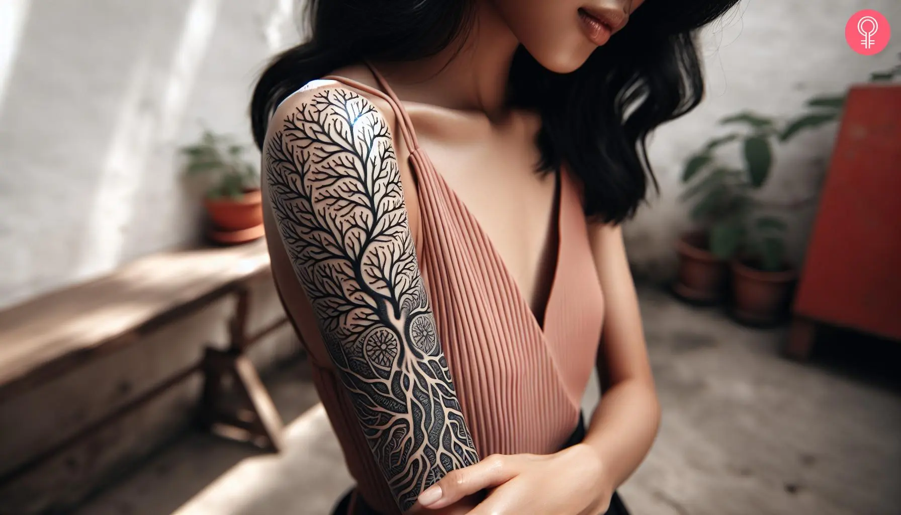 A woman with a bio organic tattoo of coral branches and roots