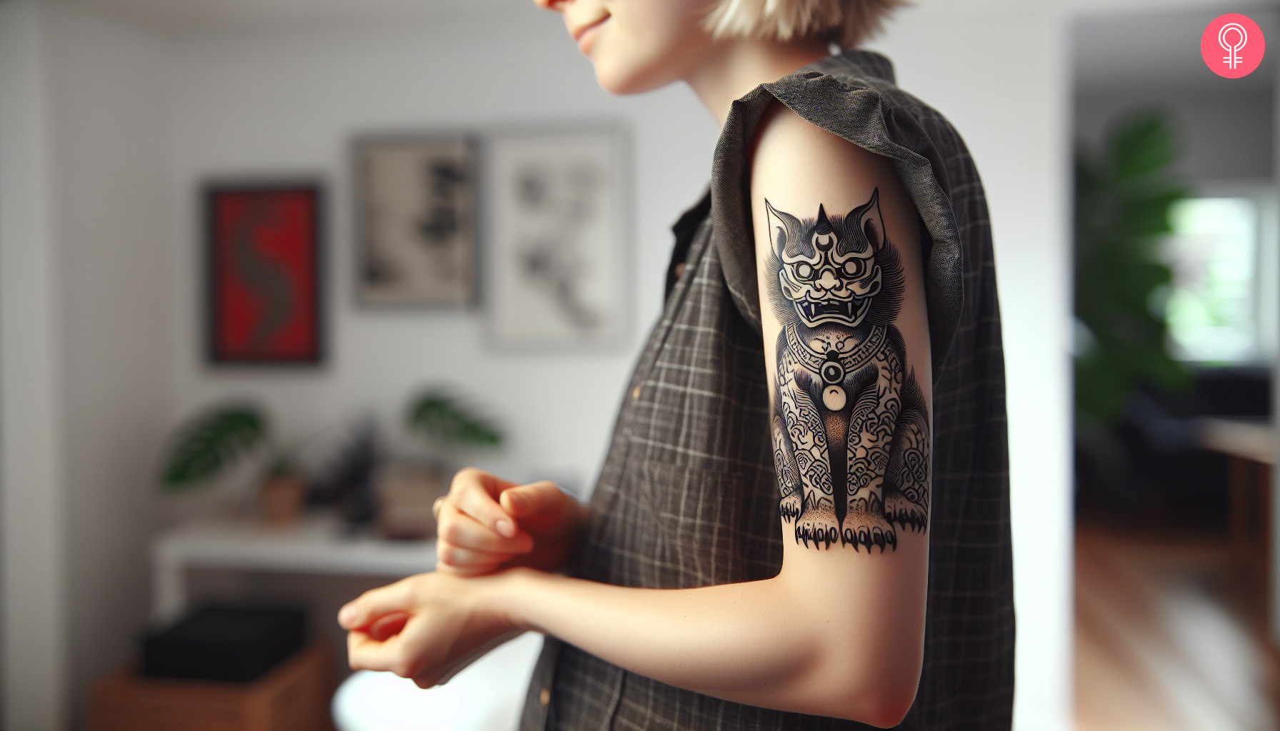 A woman with a black Japanese demon cat tattoo on her upper arm