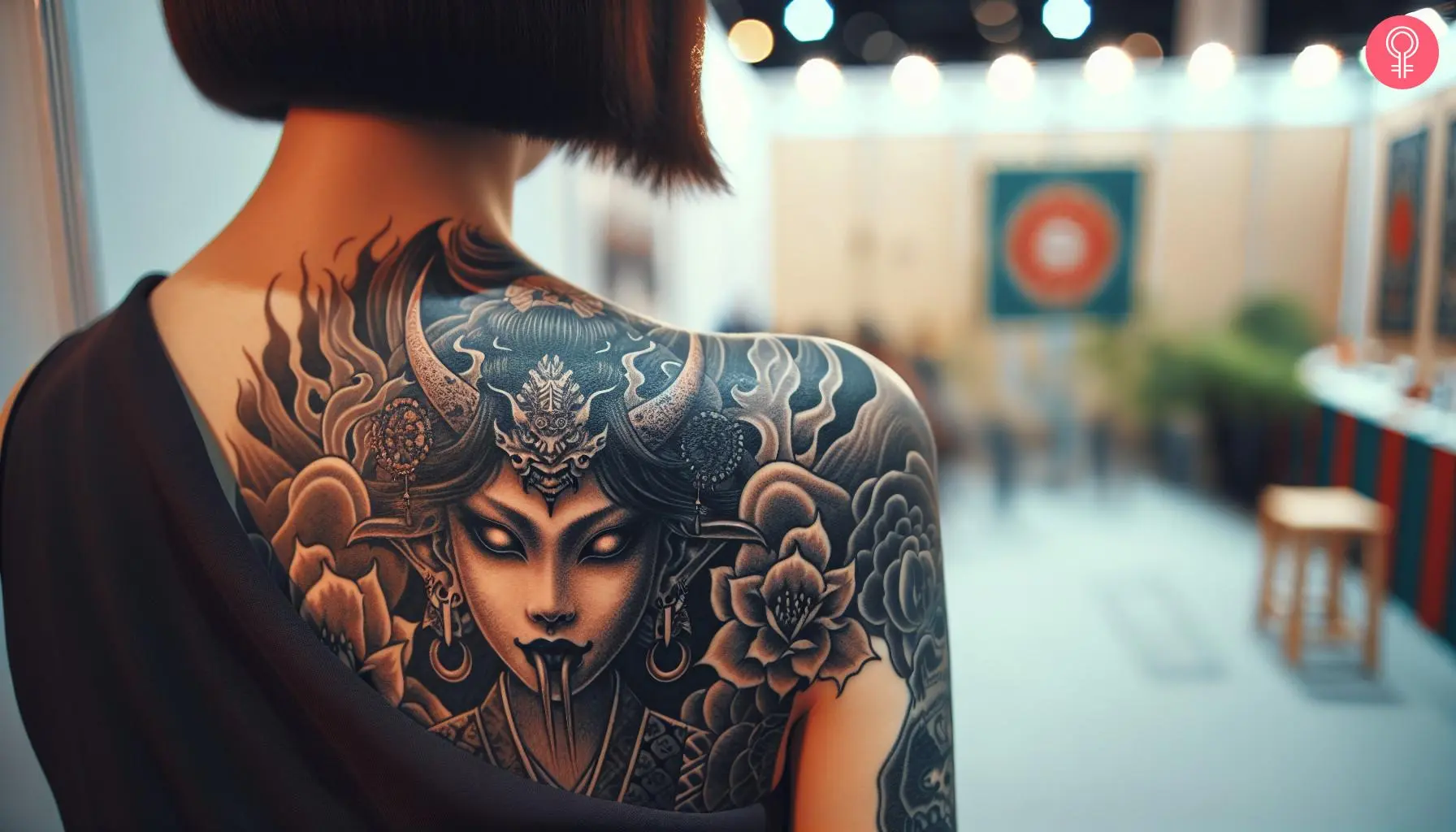 A woman with a black Japanese demon girl tattoo on her upper back