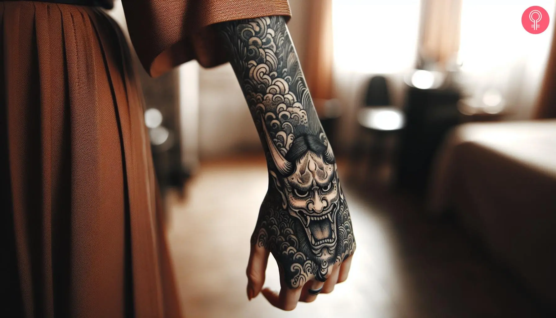 A woman with a black Japanese oni demon tattoo on her hand