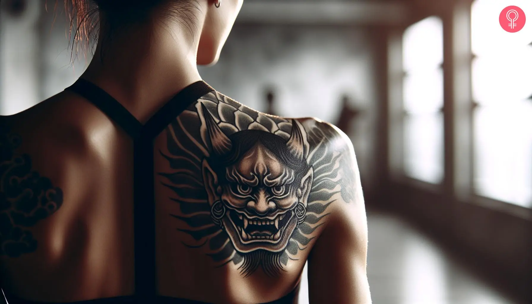 A woman with a black Japanese oni demon tattoo on her upper back