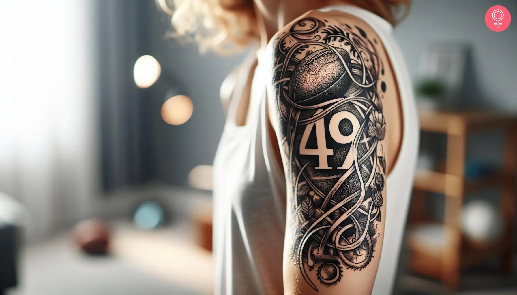 A woman with a black San Francisco 49ers tattoo on her upper arm