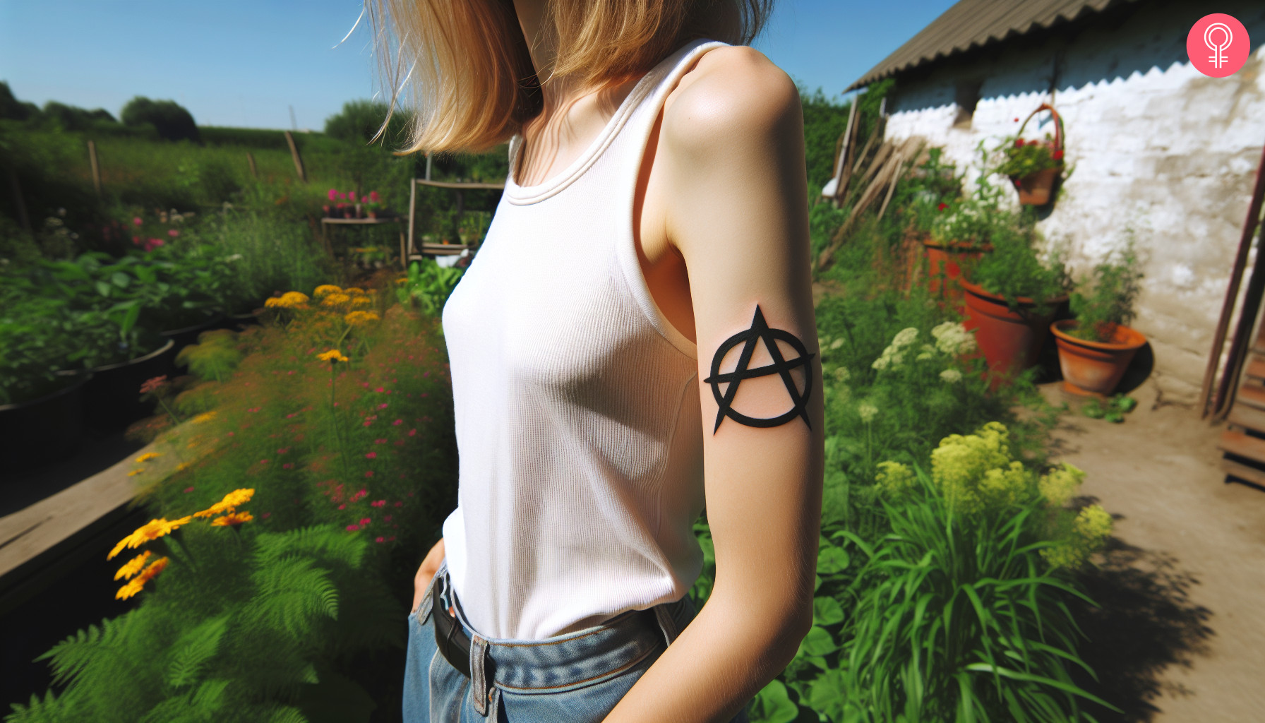 A woman with a black anarchy symbol tattoo on her upper arm