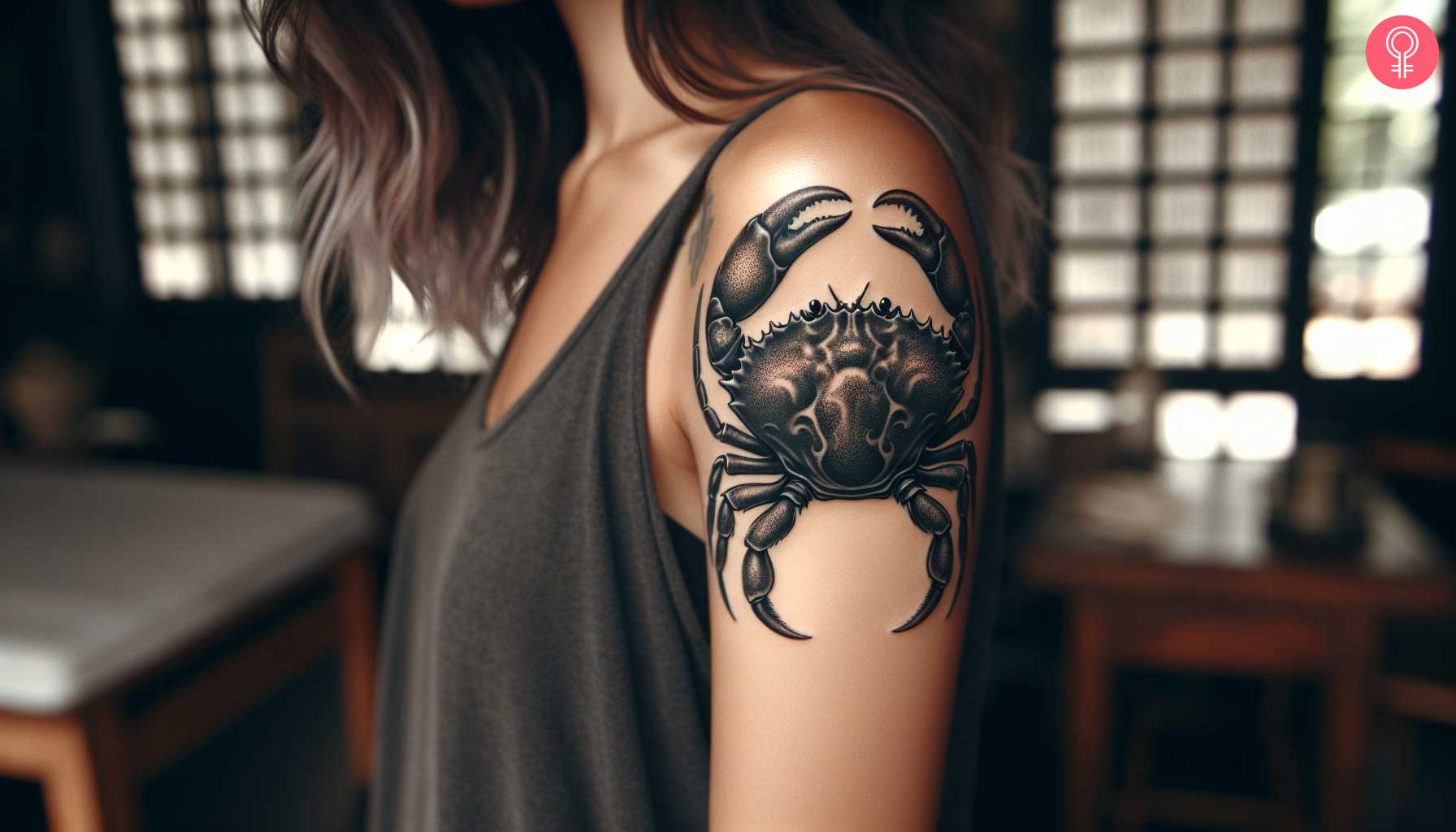 A woman with a black and gray crab tattoo on her upper arm