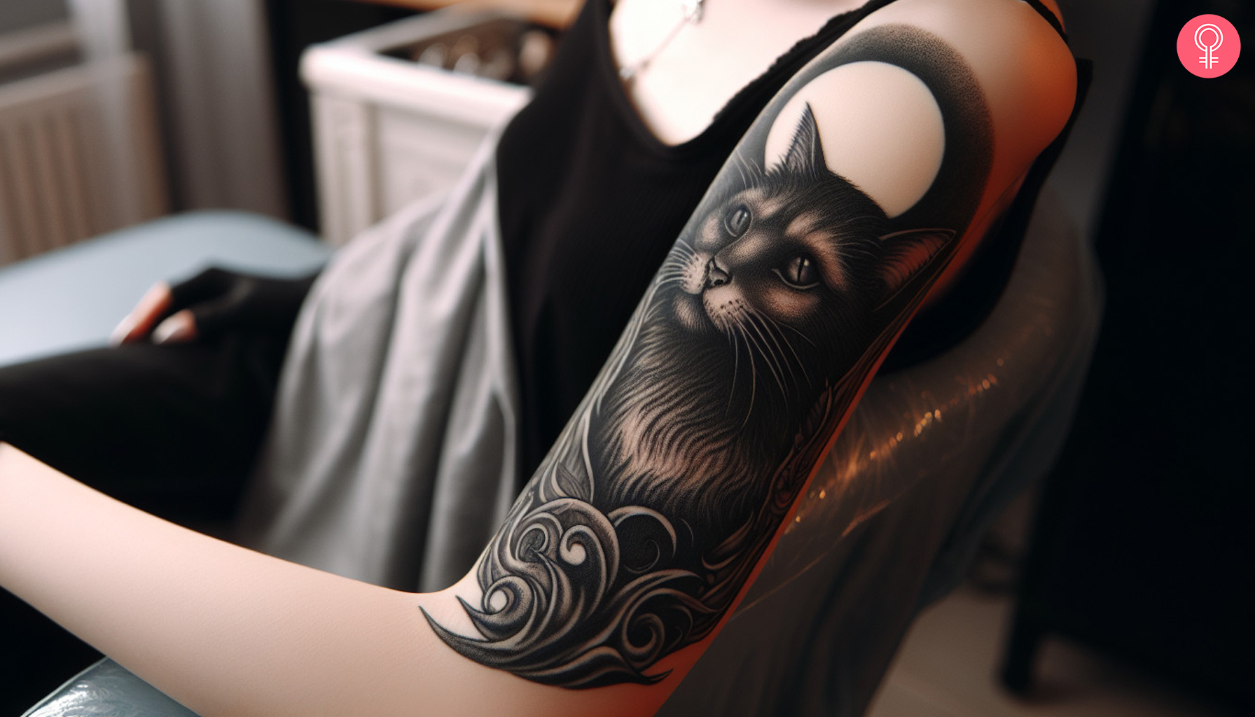 A woman with a black cat goth tattoo on upper arm