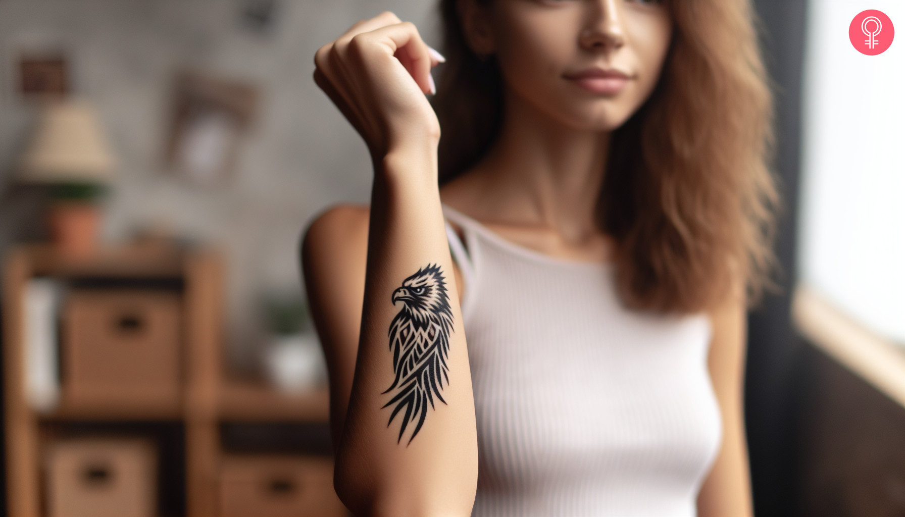 A woman with a black, contemporary tribal eagle tattoo on her forearm