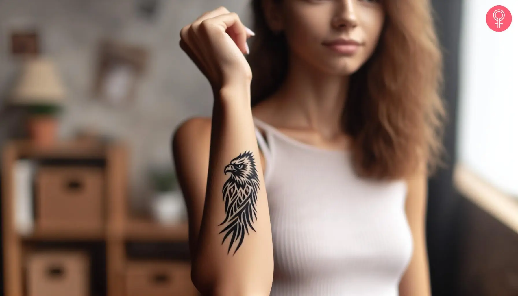 A woman with a black, contemporary tribal eagle tattoo on her forearm