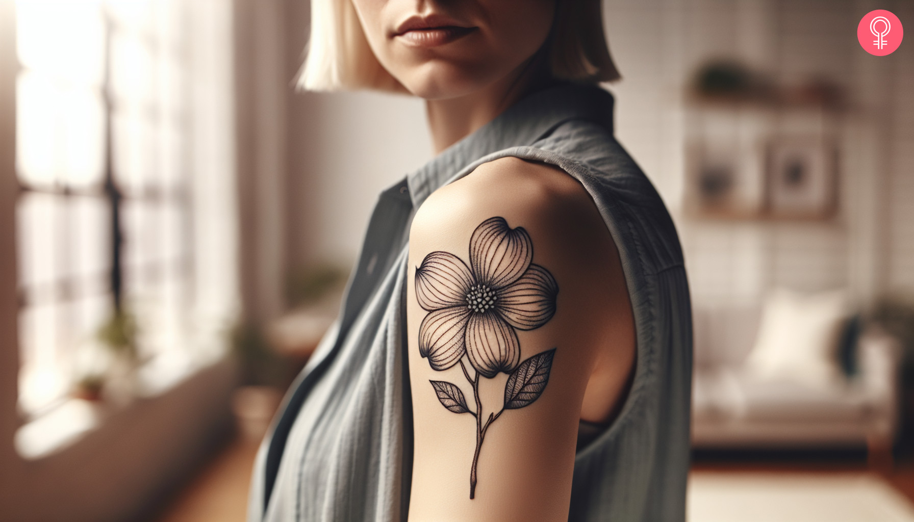 A woman with a black dogwood flower tattoo outline on her upper arm