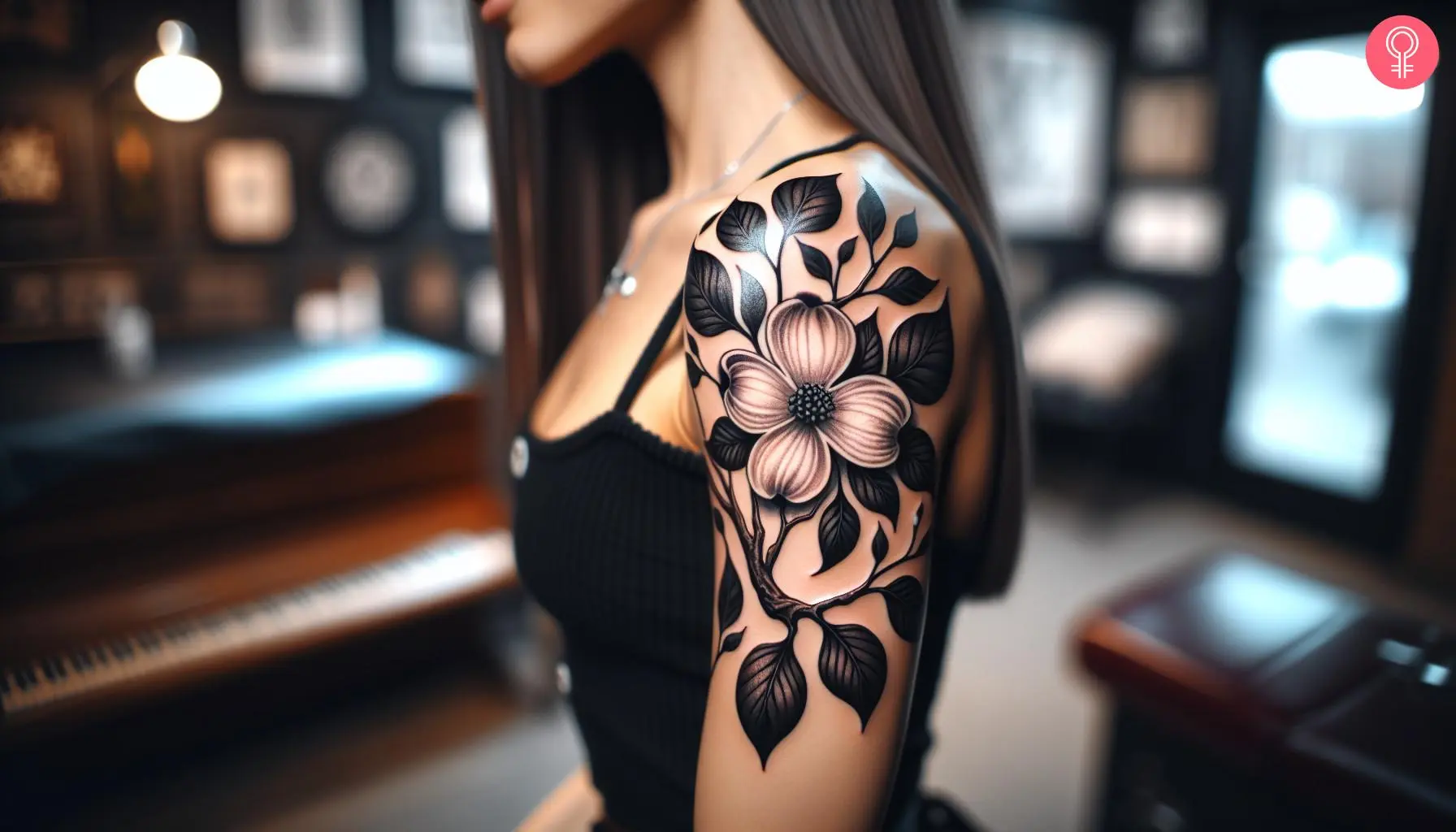 A woman with a black dogwood tree flower tattoo on her upper arm