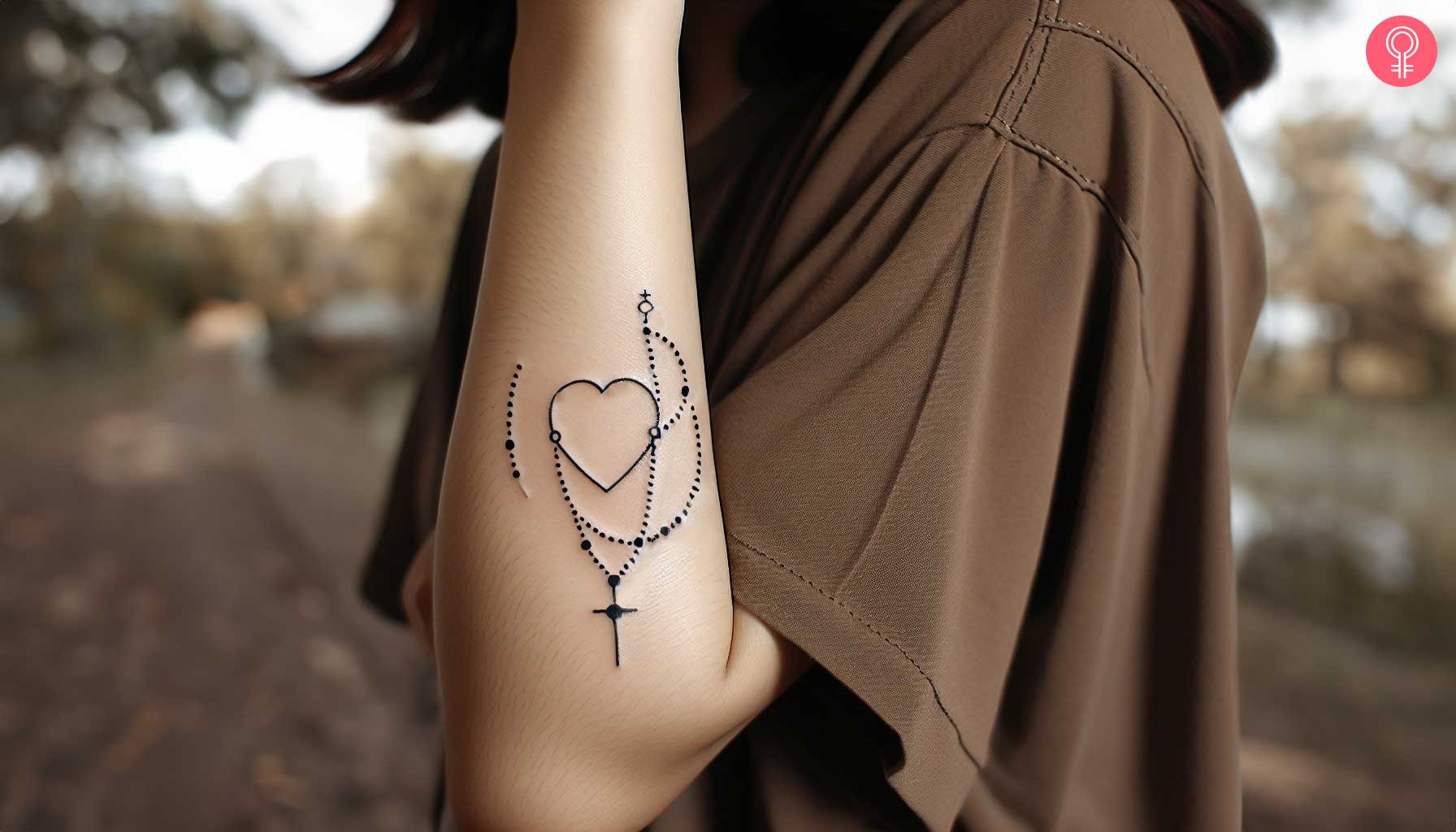 A woman with a black heart with rosary beads tattoo on her forearm