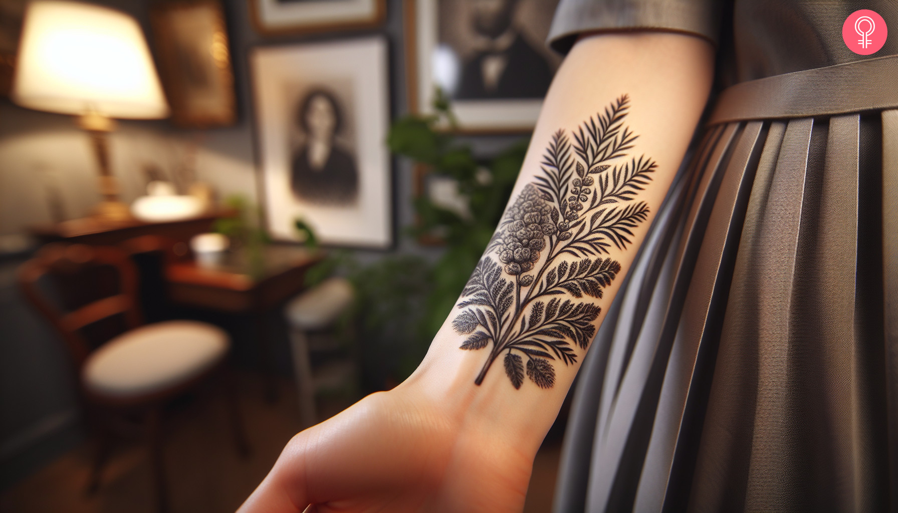 A woman with a black juniper branch and berries tattoo on her forearm