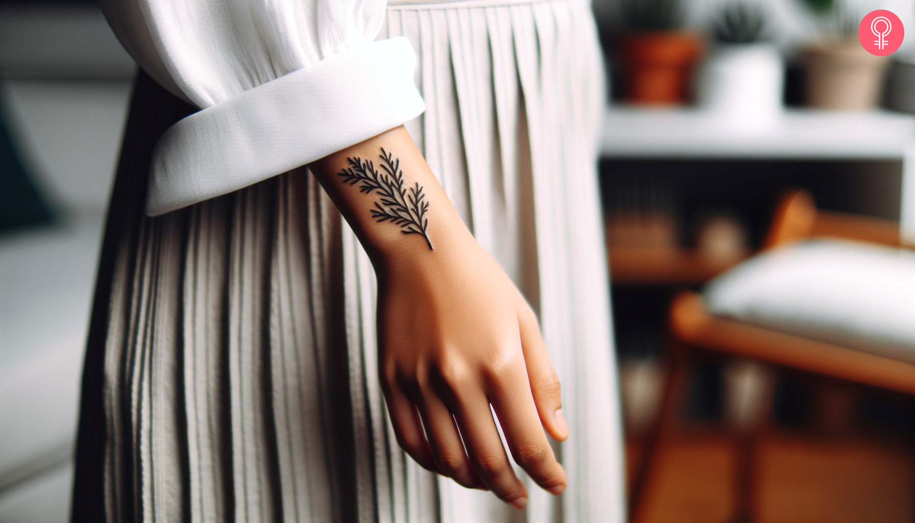 A woman with a black juniper branch tattoo on her wrist