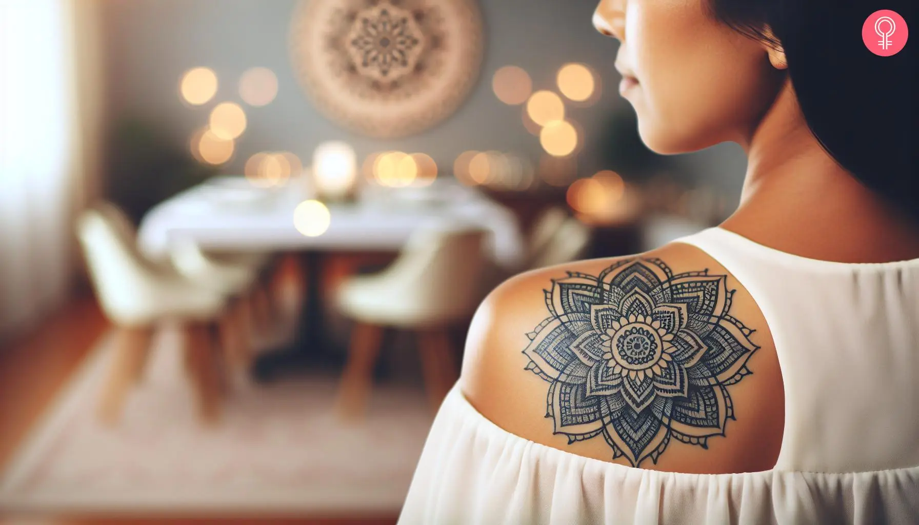 A woman with a black mandala shoulder cap tattoo