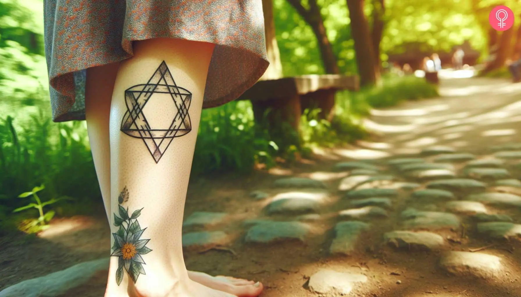 A woman with a black merkaba tattoo on the leg