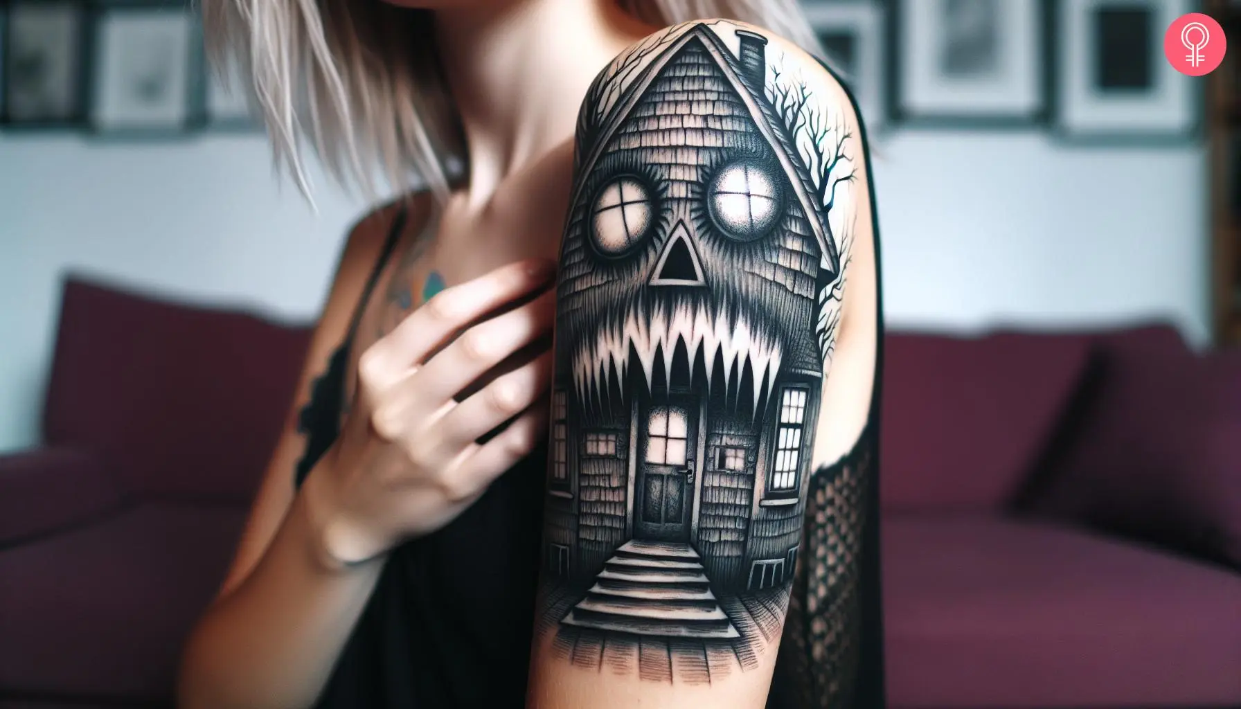 A woman with a black monster house tattoo on her upper arm