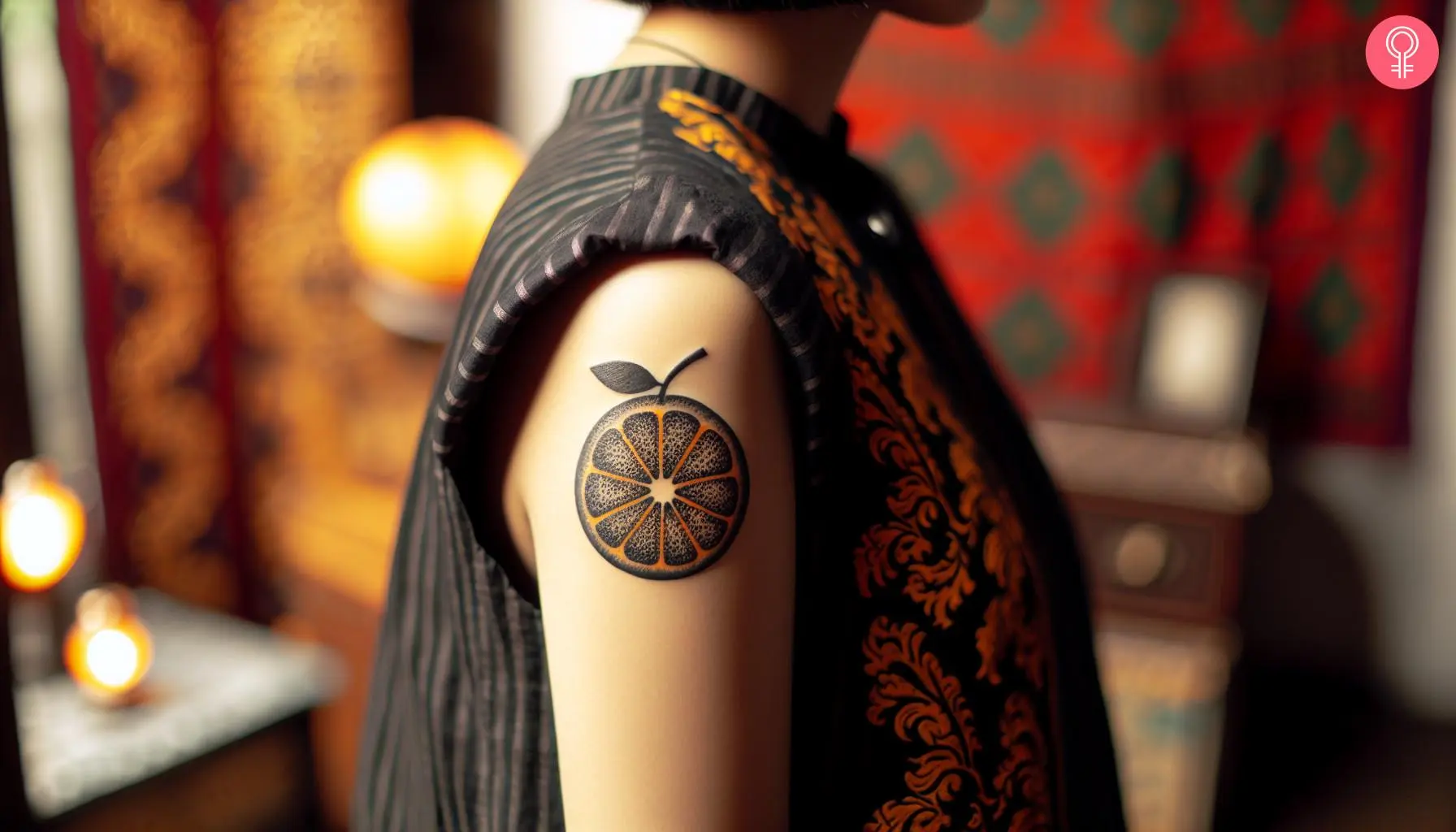 A woman with a black orange tattoo on her upper arm