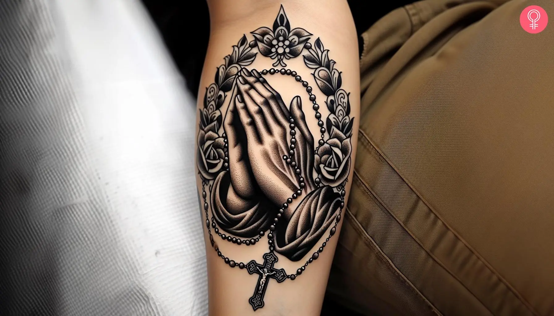 A woman with a black praying hands and rosary beads tattoo on her forearm