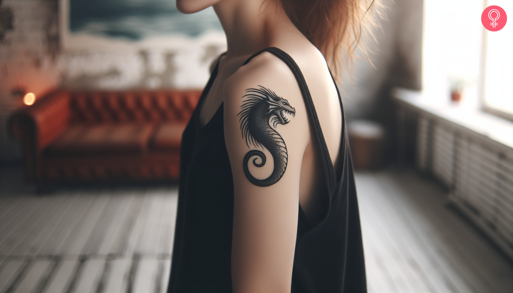 A woman with a black sea monster tattoo on her upper arm