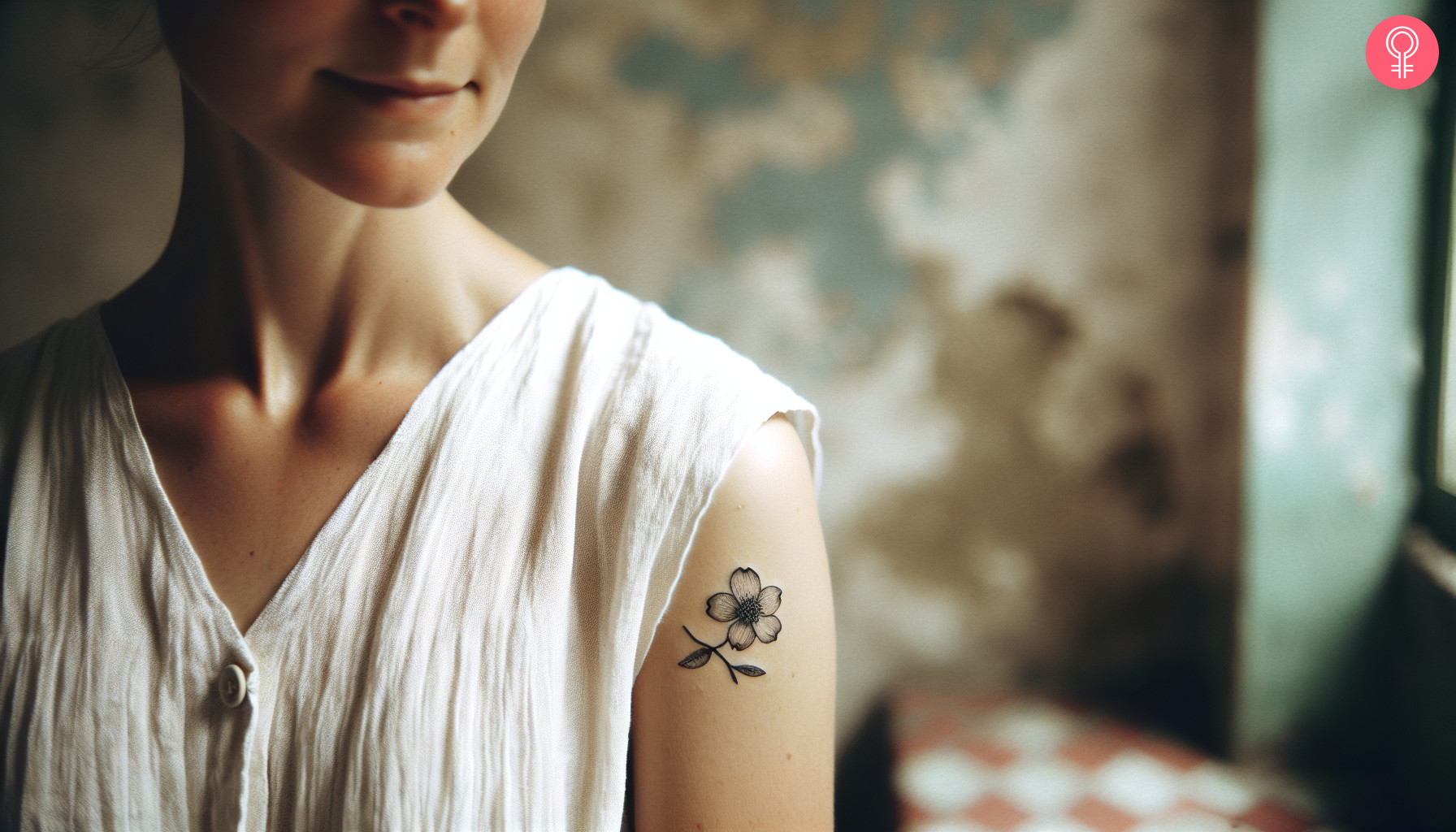 A woman with a black, small dogwood flower tattoo on her upper arm