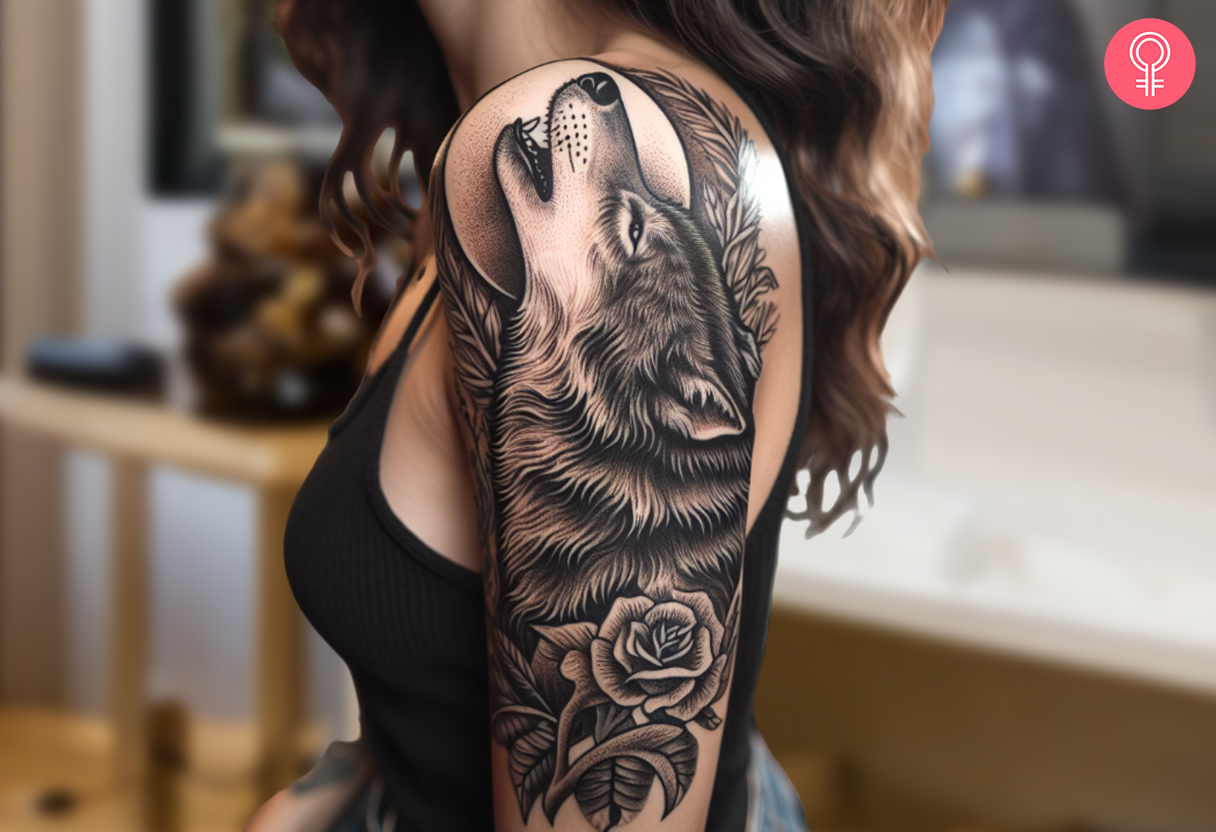 A woman with a black traditional howling wolf tattoo on her upper arm