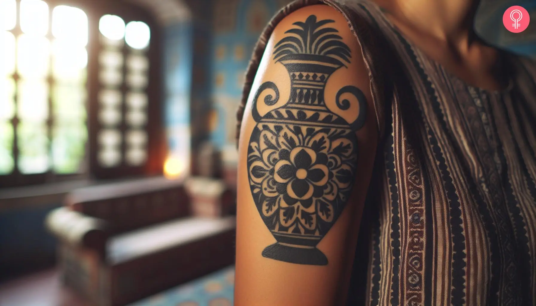 A woman with a black traditional vase tattoo on her upper arm