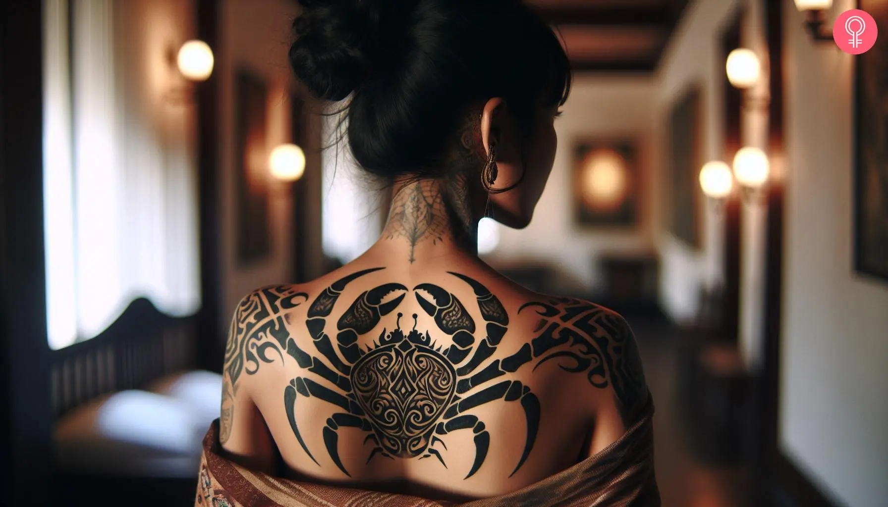 A woman with a black tribal style crab tattoo on her upper back