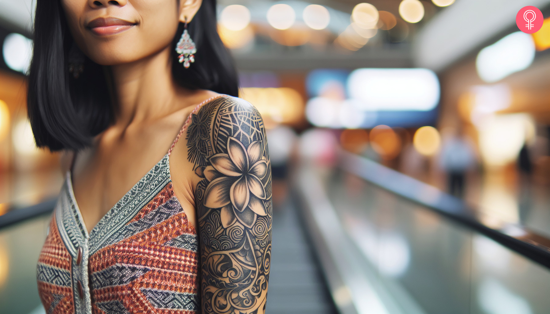 A woman with a black, tribal-style frangipani flower tattoo on her upper arm