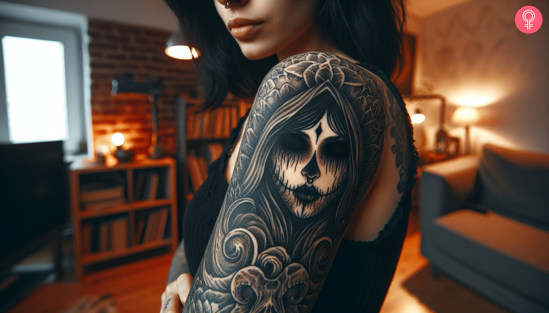 A woman with a blackwork tattoo of a gothic girl