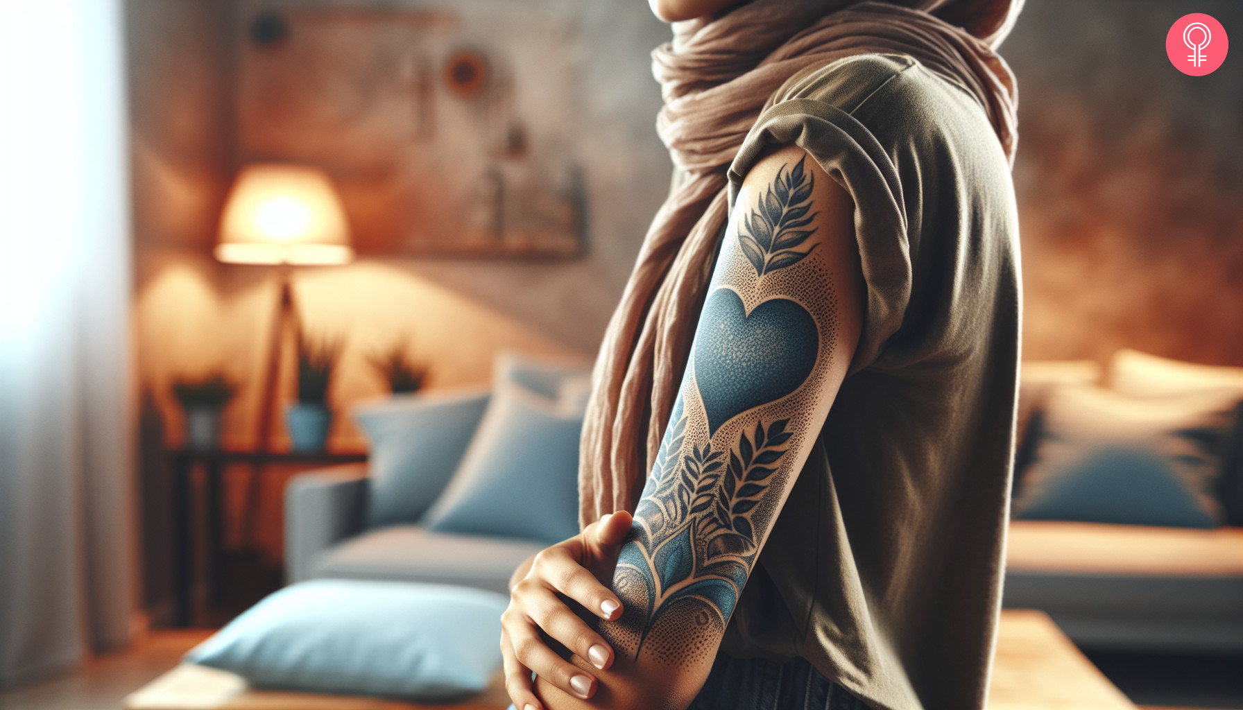 A woman with a blue heart tattoo and black dotted leaves on her upper arm