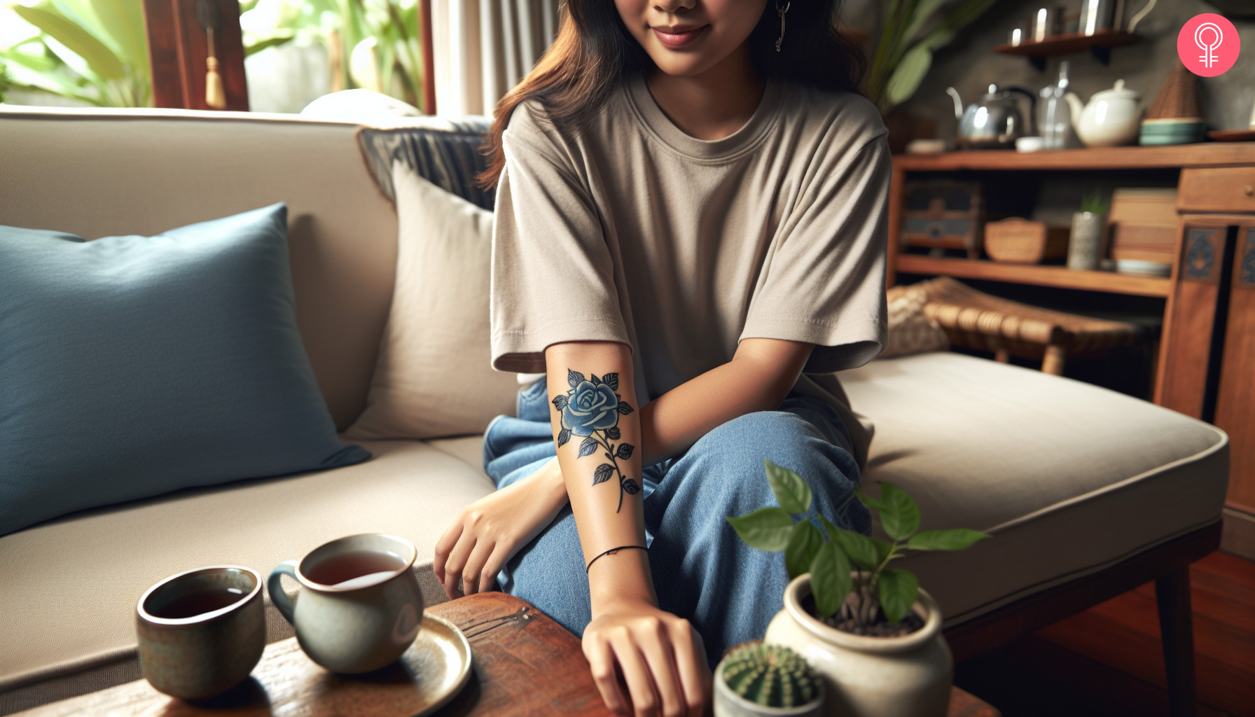 A woman with a blue rose tattoo with a black outline on her lower arm