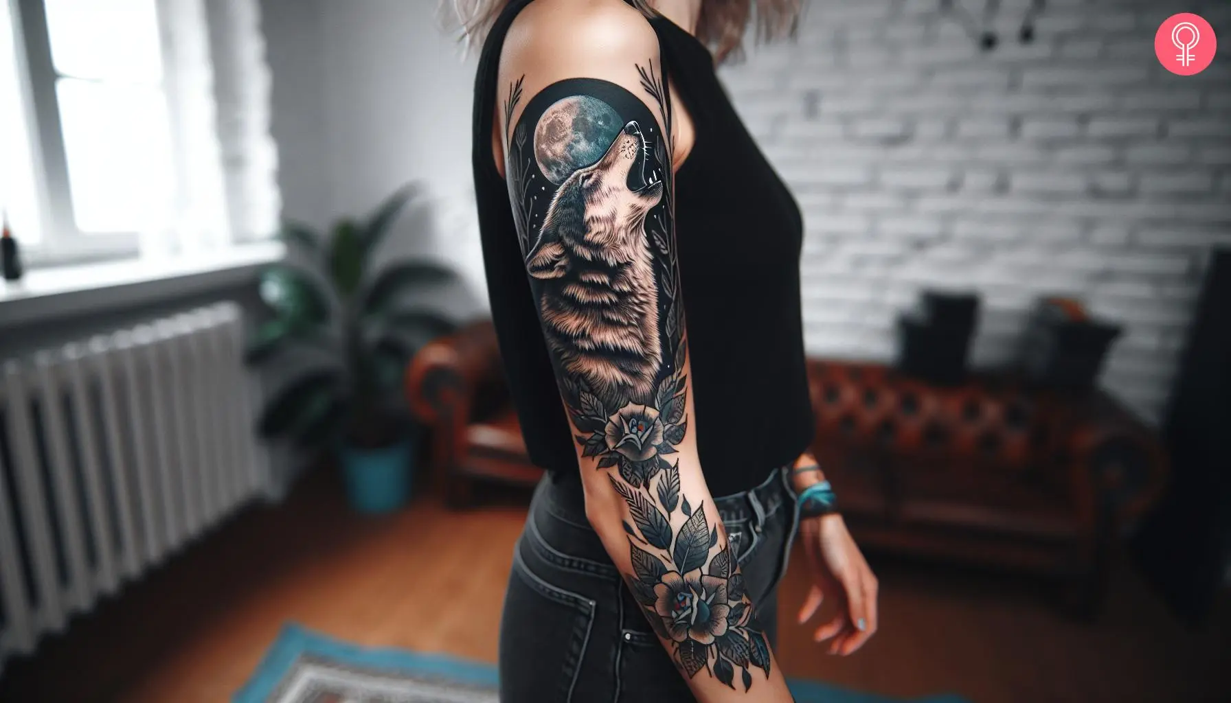 A woman with a bold howling wolf tattoo on her sleeve