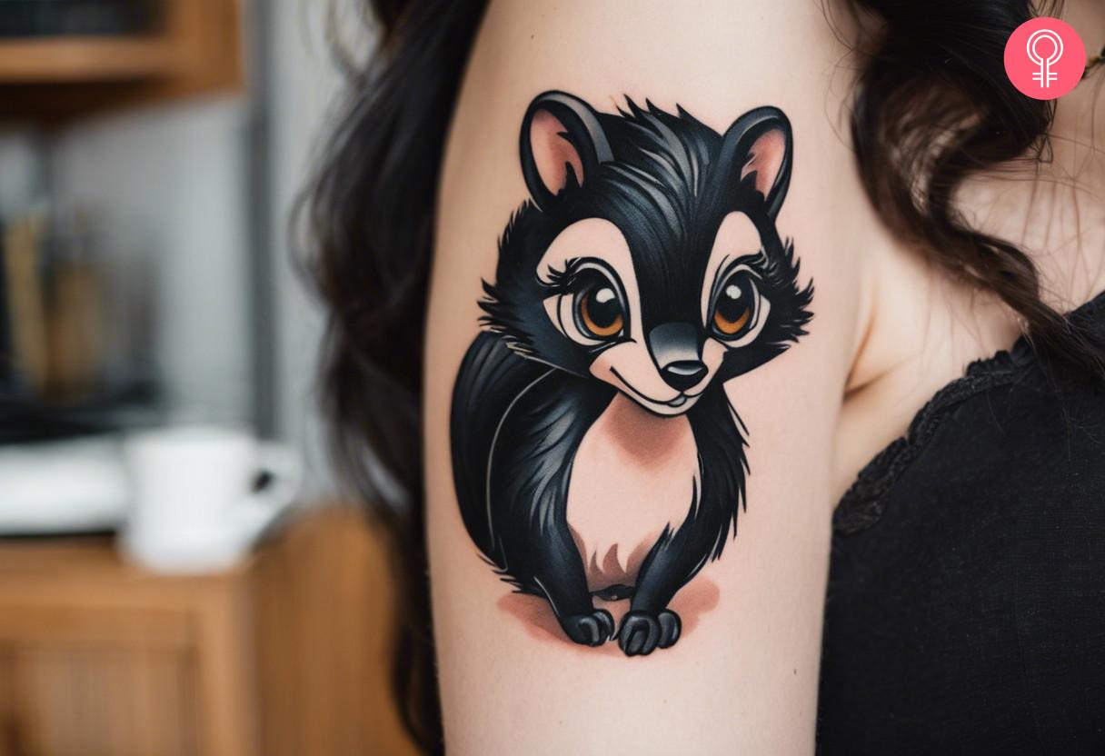 A woman with a cartoon skunk tattoo on her bicep