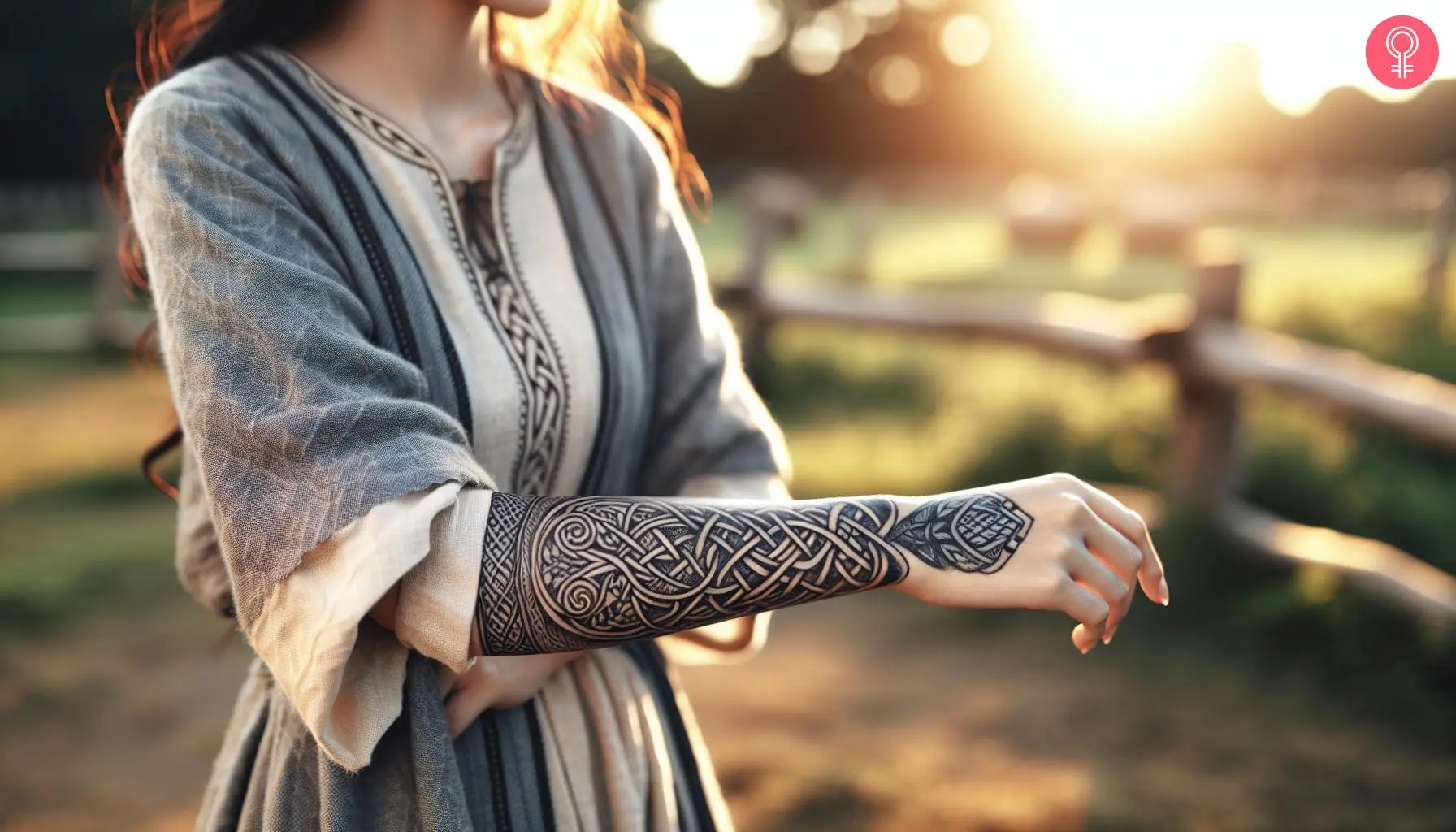 A woman with a celtic gauntlet tattoo on her forearm